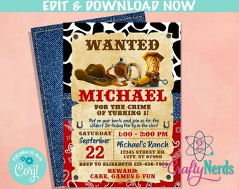 May include: A cowboy-themed birthday party invitation with the text "WANTED" and "MICHAEL". The design includes a cowboy hat, boots, and a lasso. The invitation is set against a denim and bandana background.