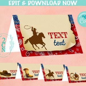 Op de afbeelding: Printbare kaarten met westernthema met een cowboy-silhouet die een paard vastbindt, tegen een rode bandana-achtergrond. De kaarten tonen de tekst "TEXT text" en zijn aanpasbaar met Corjl. Extra ontwerpen zijn onder meer een cowboyhoed, laars en hoefijzer.