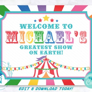 Carnival Circus Birthday Sign, Circus Birthday Welcome Sign Rainbow | Editable Instant Download | Edit Online NOW Corjl | INSTANT ACCESS