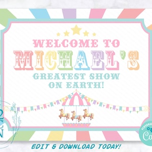 Carnival Circus Birthday Sign, Circus Birthday Welcome Sign Pastel Rainbow | Editable Instant Download | Edit Online Corjl | INSTANT ACCESS