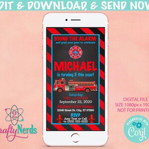 Firefighter Birthday Party Electronic Invitation, Firefighter Evite | Editable Instant Download | Edit Online NOW Corjl | INSTANT ACCESS