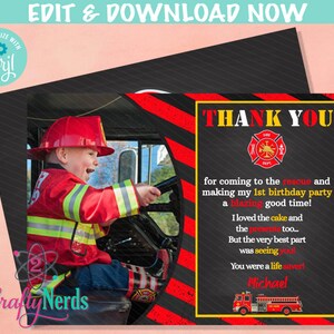 Firefighter Birthday Thank You Card With Photo, Firefighter Party | Editable Instant Download | Edit Online NOW Corjl | INSTANT ACCESS T1