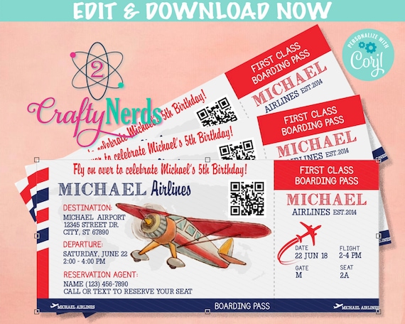 Airplane Ticket Birthday Invitation, Airplane Party, Plane invitation | Editable Instant Download | Edit Online NOW Corjl | INSTANT ACCESS