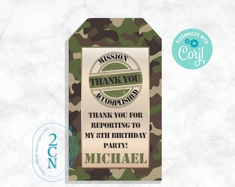 Army Birthday Thank You Tag, Army Tag, Army Label, Army Favor Label | Editable Instant Download | Edit Online NOW Corjl | INSTANT ACCESS