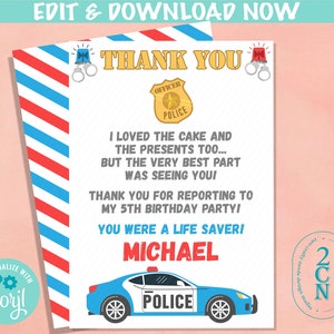警察の誕生日サンキューカード、警察のサンキューカード、警察の誕生日 | 編集可能な即時ダウンロード | 今すぐオンラインで編集 Corjl | 即時アクセス