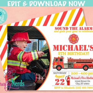 Firefighter Birthday Invitation With Photo, Fire Truck, Fireman Party | Editable Instant Download | Edit Online NOW Corjl | INSTANT ACCESS