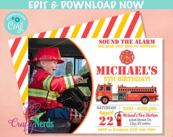 May include: A red and yellow striped invitation for a 5th birthday party. The invitation features a photo of a child dressed as a firefighter driving a toy fire truck. The text on the invitation reads "Sound the alarm and grab your gear to celebrate Michael's 5th Birthday!"  The invitation also includes the date, time, and location of the party.