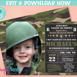 Invitation d'anniversaire de fête de l'armée avec photo, fête de soldat de fête militaire | Téléchargement instantané modifiable | Modifier en ligne MAINTENANT Corjl | ACCÈS INSTANTANÉ