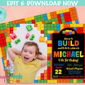 Colorful Building Blocks Birthday Invitation with photo, Bricks invite | Editable Instant Download | Edit Online NOW Corjl | INSTANT ACCESS