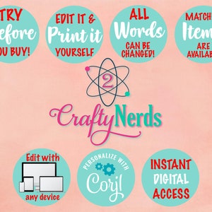 以下が含まれることがあります： 「TRY Before YOU BUY!」「EDIT IT & Print it YOURSELF」「ALL Words CAN BE CHANGED!」「MATCHING Items ARE AVAILABLE」「Edit with any device」「PERSONALIZE WITH Coril」「INSTANT DIGITAL ACCESS」と書いてある、ターコイズブルーと赤のデジタル印刷可能なステッカー8枚セット。ロゴには「Crafty Nerds」と書いてあります。