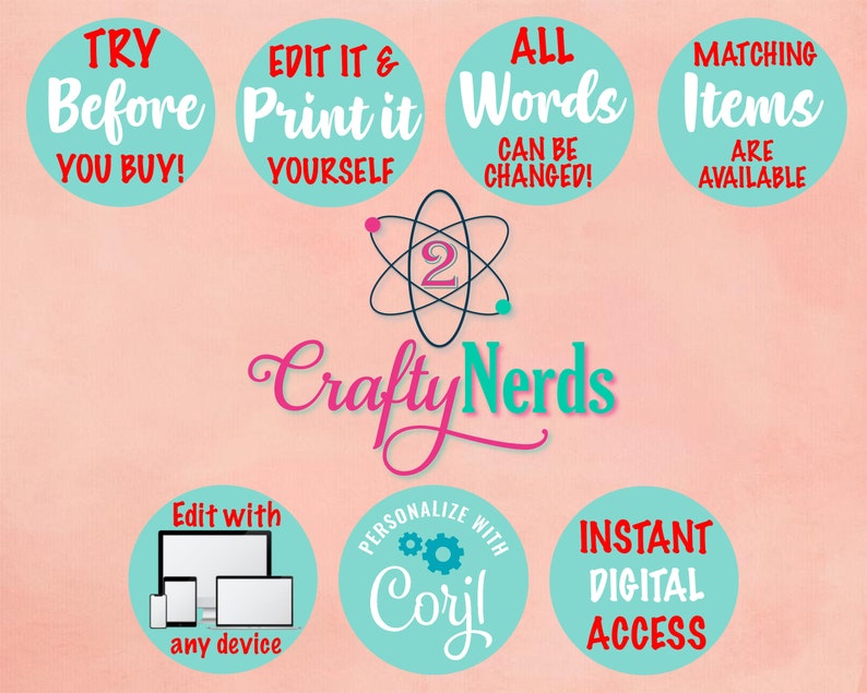 以下が含まれることがあります： 「TRY Before YOU BUY!」「EDIT IT & Print it YOURSELF」「ALL Words CAN BE CHANGED!」「MATCHING Items ARE AVAILABLE」「Edit with any device」「PERSONALIZE WITH Coril」「INSTANT DIGITAL ACCESS」と書いてある、ターコイズブルーと赤のデジタル印刷可能なステッカー8枚セット。ロゴには「Crafty Nerds」と書いてあります。