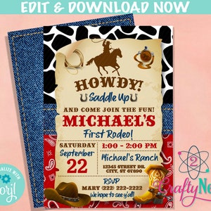 Cowboy Rodeo Birthday Invitation, Western Party, First Rodeo, Wild West | Editable Instant Download | Edit Online NOW Corjl | INSTANT ACCESS