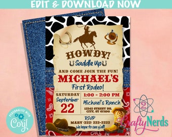 Cowboy Rodeo Birthday Invitation, Western Party, First Rodeo, Wild West | Editable Instant Download | Edit Online NOW Corjl | INSTANT ACCESS
