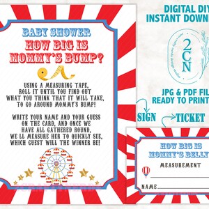 Circus Carnival Measuring Mommy To Be Bump Game, JPG & PDF Instant Download, Red and Blue, Circus Baby Shower, Carnival Baby Shower Games.
