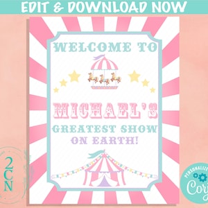 Carnival Circus Birthday Sign, Circus Birthday Welcome Sign Circus Sign | Editable Instant Download | Edit Online NOW Corjl | INSTANT ACCESS