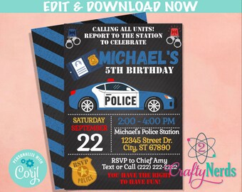 May include: A black and blue police car birthday party invitation with a blue and white striped background. The invitation says "Calling all units! Report to the station to celebrate Michael's 5th Birthday". The invitation also includes the date, time, and location of the party.