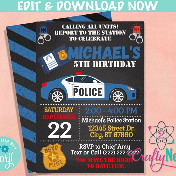 Police Birthday Invitation, Police Party, Cop Theme, Police Theme | Editable Instant Download | Edit Online NOW Corjl | INSTANT ACCESS