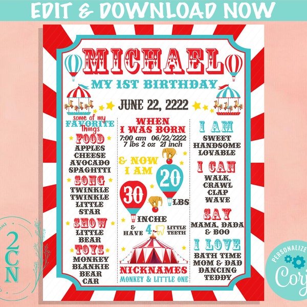 Carnival Circus Birthday Sign Birthday Board, Milestone Birthday Sign | Editable Instant Download | Edit Online NOW Corjl | INSTANT ACCESS
