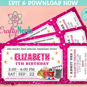 Movie Night Ticket Geburtstagseinladung, Filmparty, Filmeinladung | Bearbeitbar Sofort Download | JETZT Online bearbeiten Corjl | SOFORTIGER ZUGANG