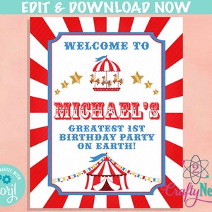 Carnival Circus Birthday Sign, Circus Birthday Welcome Sign Circus Sign | Editable Instant Download | Edit Online NOW Corjl | INSTANT ACCESS