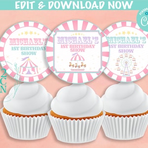 Circus Verjaardag Cupcake Topper Rond Label, Carnaval Circus Label Tag | Bewerkbare directe download | NU online bewerken Corjl | DIRECTE TOEGANG