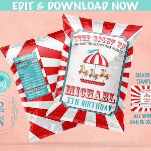 Circus Verjaardag Chips Tas, Carnaval Party Popcorn Tas, 1oz Snack Tas | Bewerkbare directe download | NU online bewerken Corjl | DIRECTE TOEGANG