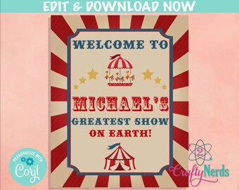 Carnivals Circus Printed on Foam Board Personalized Birthday Welcome Sign Welcome Poster Board Stripe Line Background Red Curtain