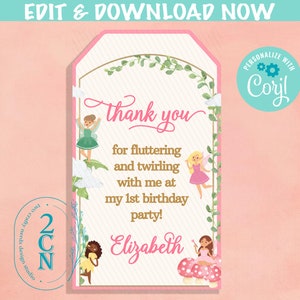 Fairy Birthday Thank You Tag, Fairies Birthday Tag Fairy Party Label | Editable Instant Download | Edit Online NOW Corjl | INSTANT ACCESS