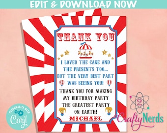 Circus Carnival Birthday Thank You Card, Circus Thank You Card Carnival | Editable Instant Download | Edit Online NOW Corjl | INSTANT ACCESS