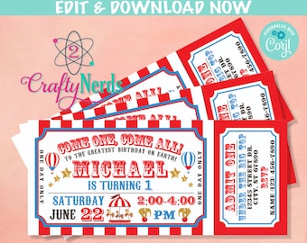 May include: Red and blue circus ticket invitation with white text. The text reads "Come one, come all! To the greatest birthday on earth! Michael is turning 1. Saturday June 22, 2:00-4:00 PM".