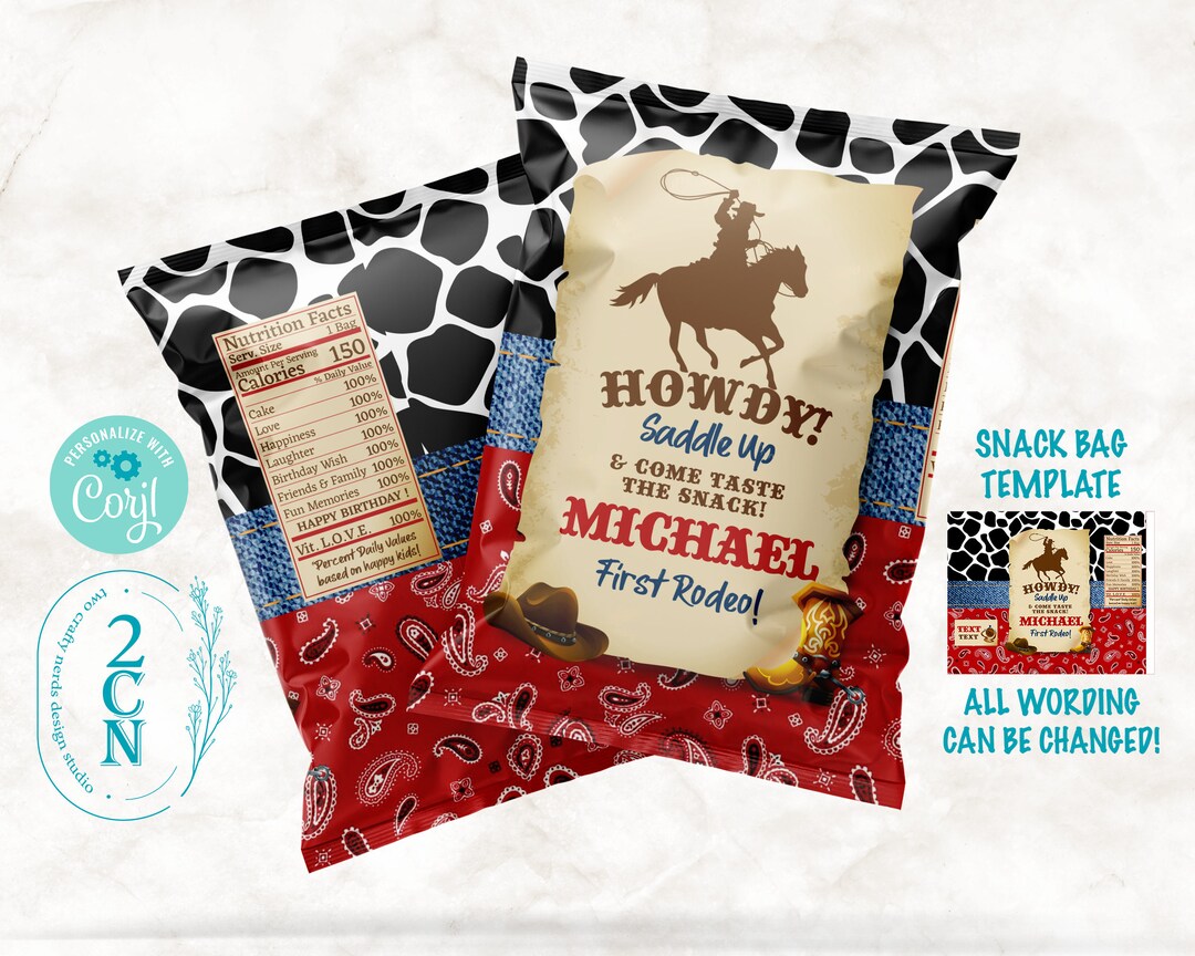 Cowboy Rodeo Birthday Chips Bag, Birthday Popcorn Bag, 1oz Snack Bag