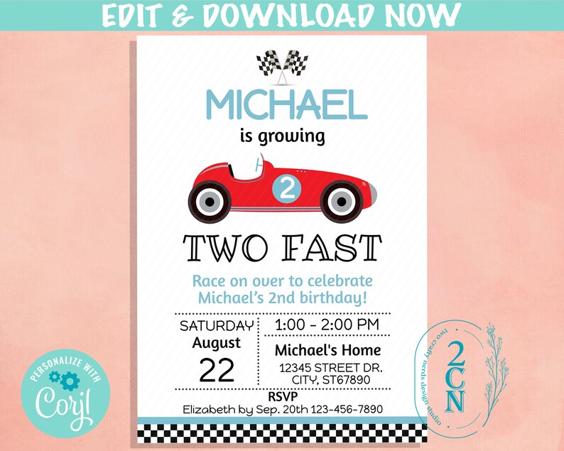 Two Fast Vintage Race Car Birthday Invitation Retro Racing Car Invite Editable Instant Download Edit Online NOW Corjl INSTANT
