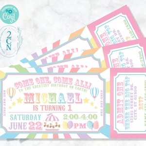 Carnaval Ticket Verjaardagsuitnodiging Pastel, Circusuitnodiging Pastel | Bewerkbare directe download NU online bewerken Corjl | DIRECTE TOEGANG