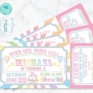 Carnival Ticket Birthday Invitation Pastel, Circus invitation Pastel | Editable Instant Download Edit Online NOW Corjl | INSTANT ACCESS