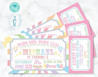May include: A pink and blue carnival ticket invitation for a birthday party. The ticket says "Come one, come all! To the greatest birthday on earth! Michael is turning 1. Saturday June 22, 2:00-4:00 PM".