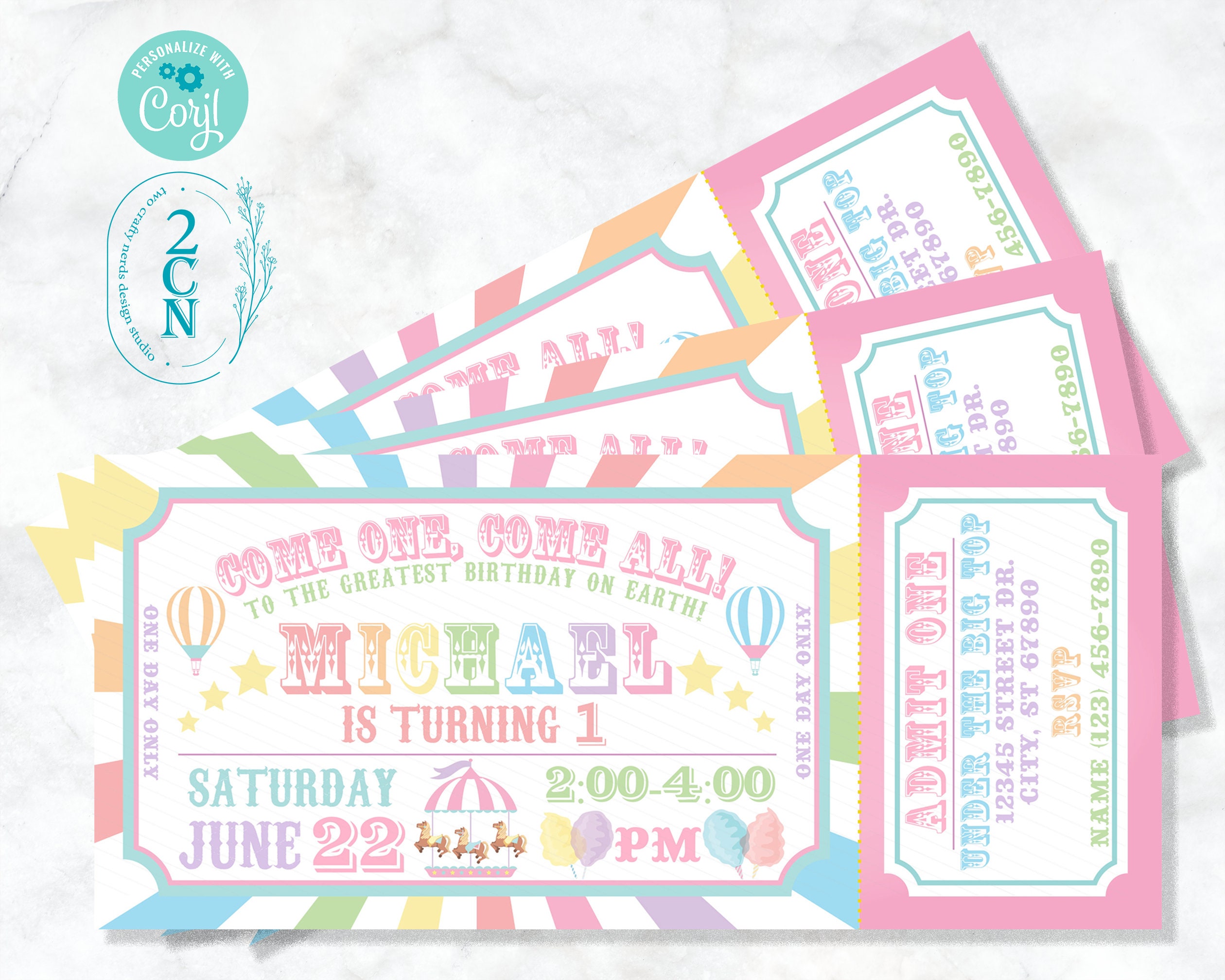 Carnival Ticket Birthday Invitation Pastel, Circus Invitation Pastel |  Editable Instant Download Edit Online NOW Corjl | INSTANT ACCESS - Etsy, image size:2520x2016