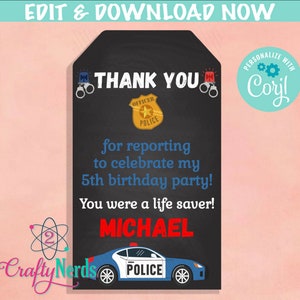 Police Birthday Thank You Tag, Police Birthday Tag, Police Favor Label | Editable Instant Download | Edit Online NOW Corjl | INSTANT ACCESS