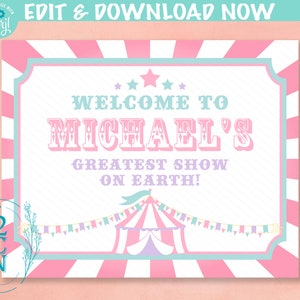 Carnival Circus Birthday Sign, Circus Birthday Welcome Sign Pastel Pink | Editable Instant Download | Edit Online NOW Corjl | INSTANT ACCESS