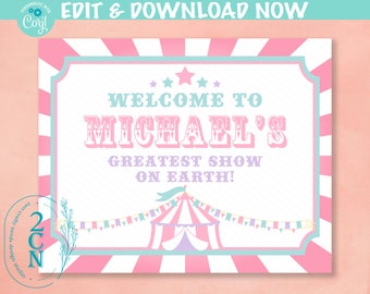 May include: A pink and white striped background with a white sign that says "Welcome to Michael's Greatest Show on Earth!" The sign has a blue border and a pink and purple tent with flags hanging from it.