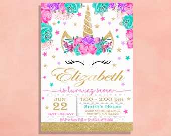 Unicorn Birthday Invitation Party Invite Hot Pink, Turquoise, Lavender Purple and Gold Glitter Bar Printed with Envelopes Printable Shower