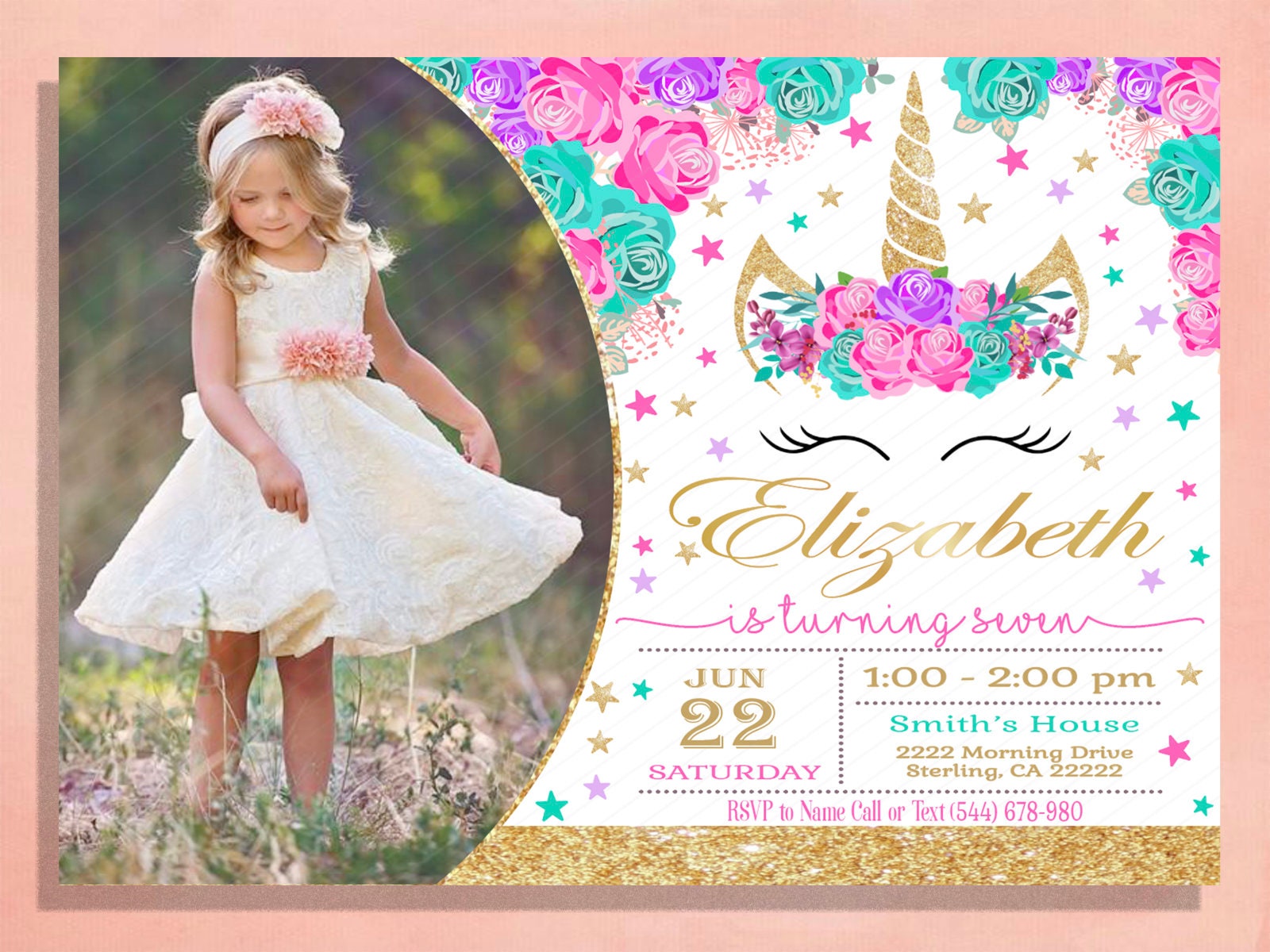 Unicorn Birthday Invitation with Picture, Photo invitation, Invite, H…