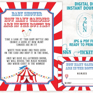 Circus Carnival How Many Candy In The Bottle Game, JPG & PDF Instant Download, Red and Blue, Circus Baby Shower, Carnival Baby Shower Games.