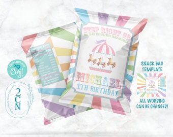 May include: Two snack bag templates with a colorful striped design. One bag features a carousel graphic with the text "MICHAEL 1TH BIRTHDAY". The other bag has a nutrition facts label and the text "PERSONALIZE WITH Corjl".