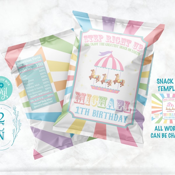 Circus Birthday Chips Bag, Carnival Rainbow Popcorn, 1oz Snack Bag | Editable Instant Download | Edit Online NOW Corjl | INSTANT ACCESS