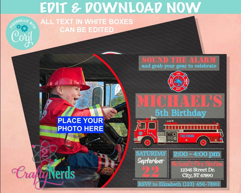 May include: A printable invitation for a 5th birthday party with a fire truck theme. The invitation features a photo of a child dressed as a firefighter, a red fire truck, and the text "SOUND THE ALARM and grab your gear to celebrate MICHAEL'S 5th Birthday".