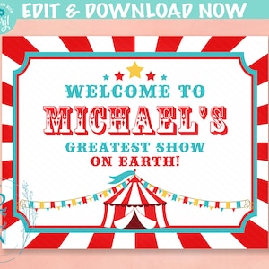 Carnival Circus Birthday Sign, Circus Birthday Welcome Sign Red Teal | Editable Instant Download | Edit Online NOW Corjl | INSTANT ACCESS