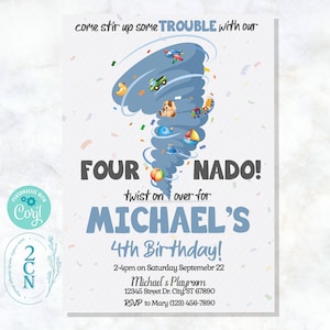 Four-Nado Tornado Geburtstagseinladung, Tornado Party, Vierter Geburtstag | Bearbeitbar Sofort Download | JETZT Online bearbeiten Corjl | SOFORTIGER ZUGANG