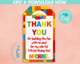 Building Blocks Birthday Thank You Tag Blocks Birthday Tag Label Editable Instant Download Edit Online NOW Corjl INSTANT ACCESS T1