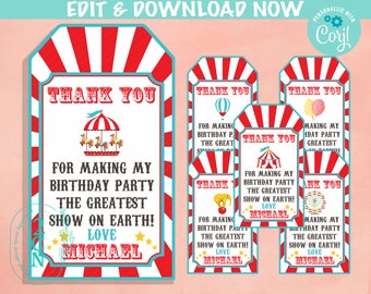 May include: Red and white striped thank you tags with a circus theme. The tags feature a carousel, hot air balloon, Ferris wheel, and a tent. The text on the tags reads "Thank you for making my birthday party the greatest show on earth! Love Michael."