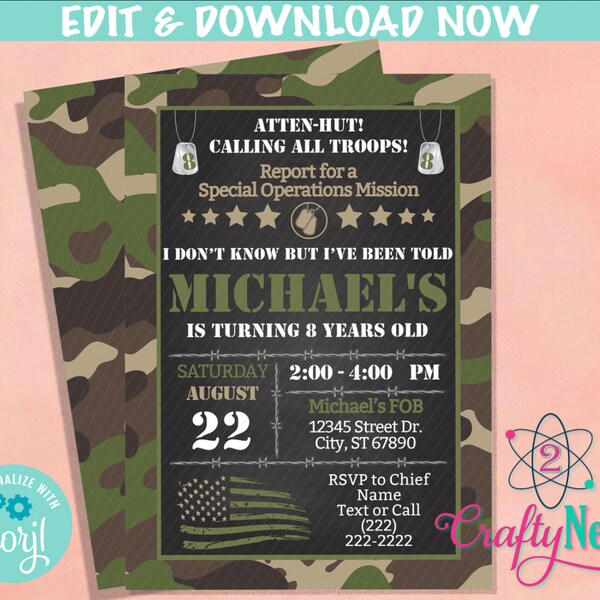 Army Party Birthday Invitation, Military Party, Army Theme, Soldier | Editable Instant Download | Edit Online NOW Corjl | INSTANT ACCESS